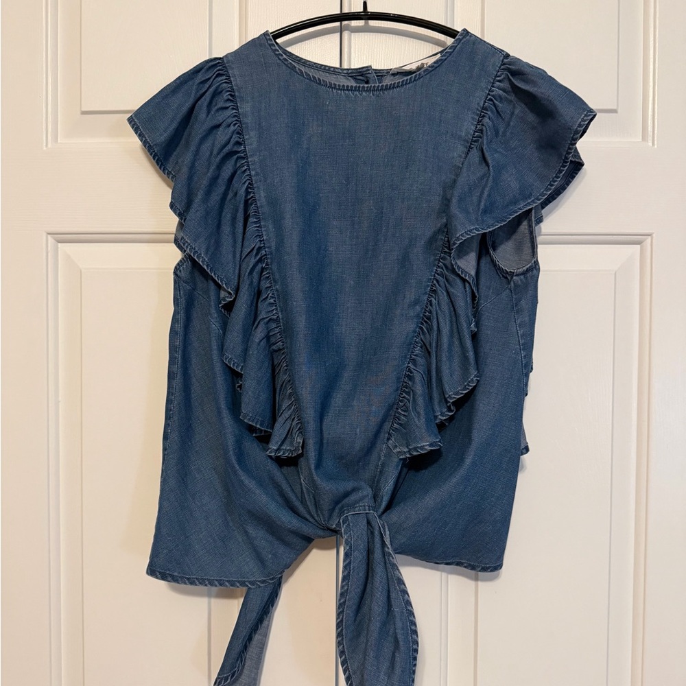 Frame Blue Ruffle Blouse Size Medium - Picture 15 of 16